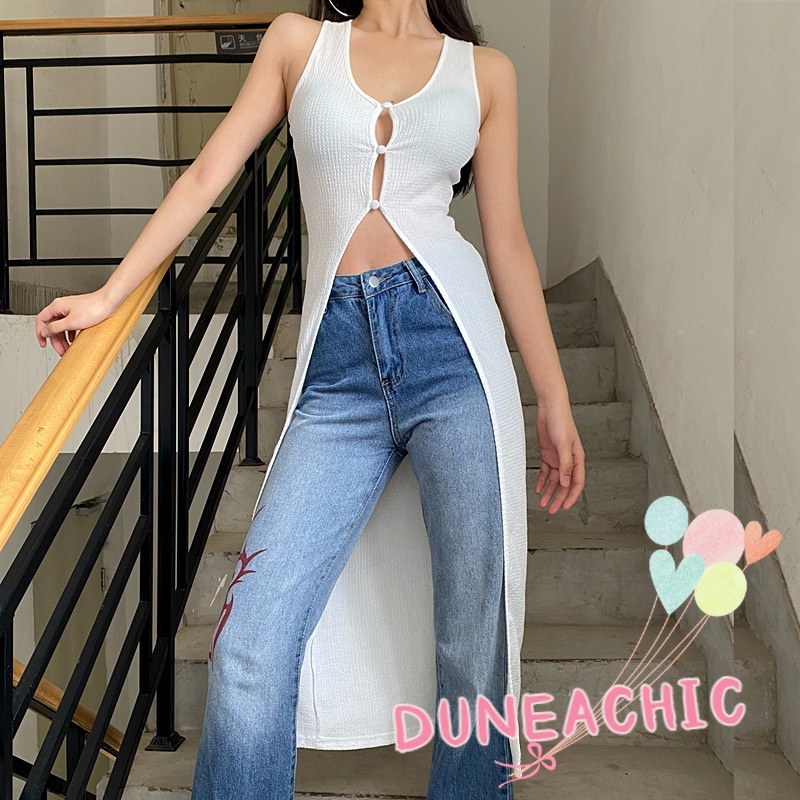 DUNEA Áo Sát Nách Dáng Dài Cổ Chữ U Phối Hàng Nút Thời Trang Đường Phố