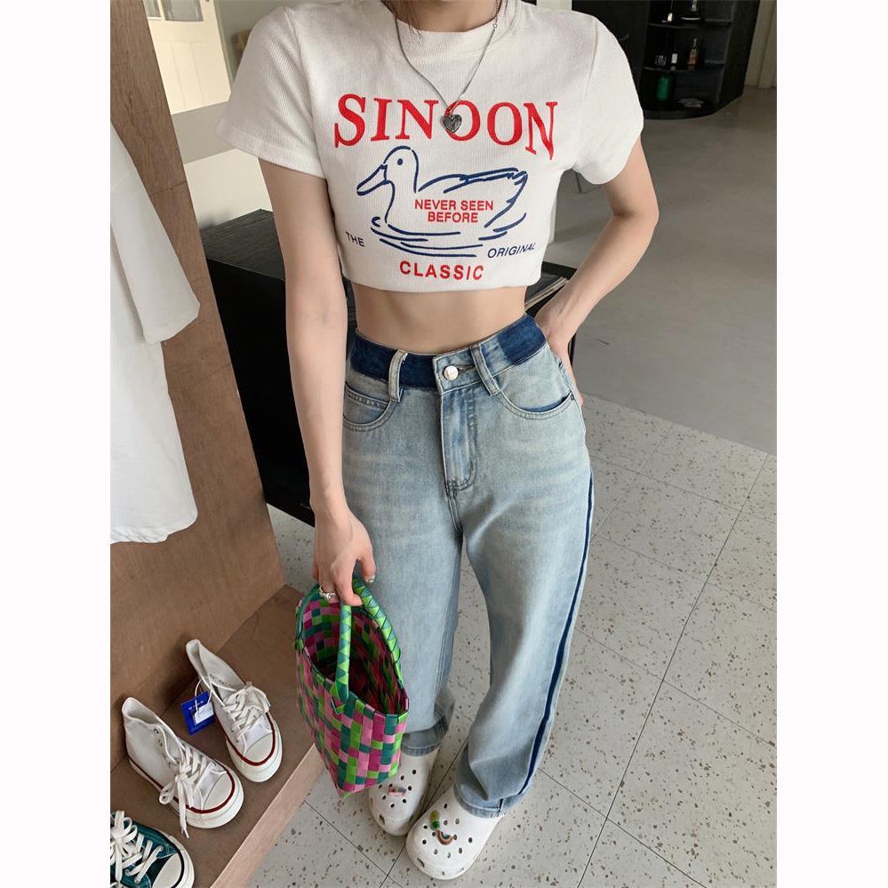 Quần Jean Dài Lưng Cao Dáng Rộng Màu Sắc Tương Phản Thời Trang Mùa Hè 2022 Cho Nữ