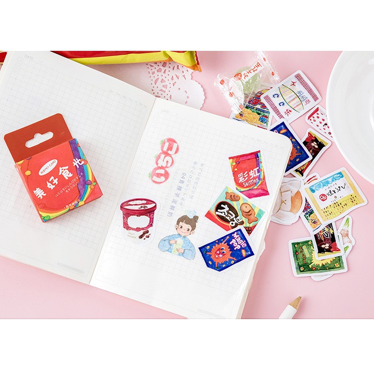 Hộp 46 miếng sticker mẫu các loại đồ ăn vặt snack