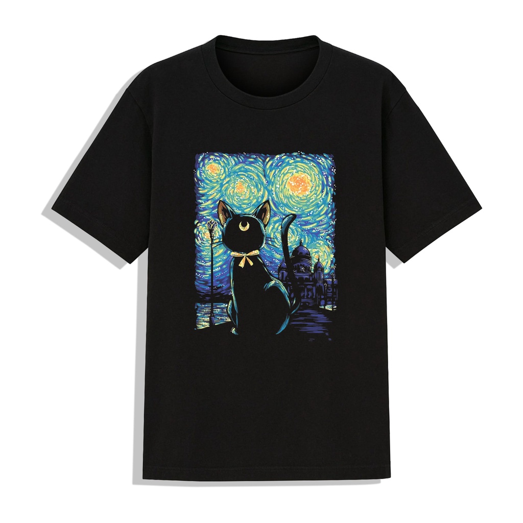 Áo Thun Unisex Tay Lỡ Form Rộng Hình Mèo Luna Anime Thủy Thủ Mặc Trăng In 1 Mặt Màu Đen