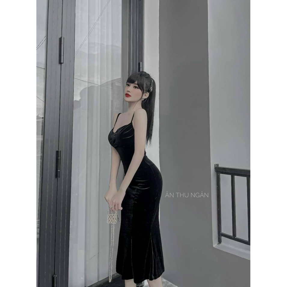 Đầm ôm body 2 dây xòe đuôi cá đỏ đen - QC95