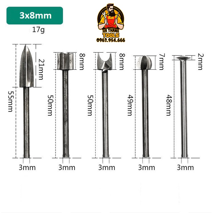 Bộ 5 mũi chạm khắc làm gỗ lũa mini trục 3mm