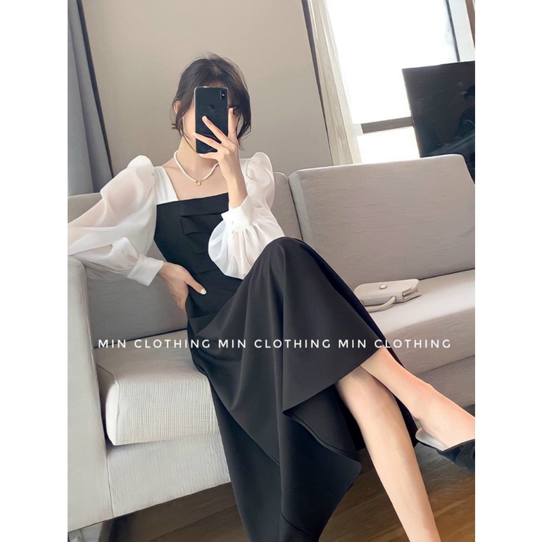 Đầm Dáng Dài Màu Đen Phối Tay Bống Màu Trắng Chất Umi Có Mút Ngực Mặc Đẹp Phù Hợp Đi Chơi, Dạ Tiệc Dáng Xinh [NEW UNISEX