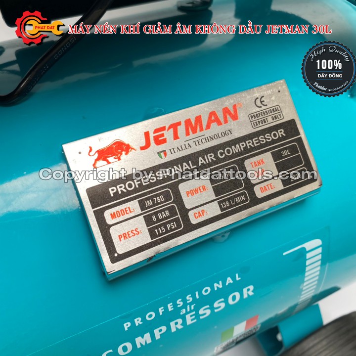 Máy nén khí giảm âm không dầu JETMAN 30L-Công suất 1.5HP-Tặng kèm dây xoắn hơi 9m và xì khô-Bảo hành 12 tháng