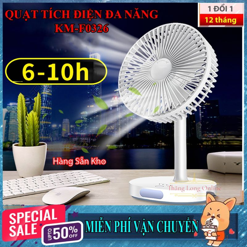 QUẠT TÍCH ĐIỆN ĐỂ BÀN CHẠY 12H - KM F0326 ĐA NĂNG - 3 TỐC ĐỘ GIÓ - ĐÈN LED - CHẠY ÊM - CHỐNG ỒN