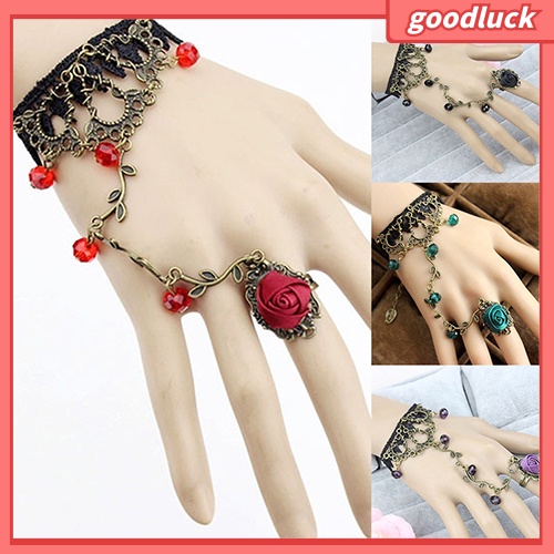 Vòng tay hợp kim ren hoa phối nhẫn đính hoa hồng dành cho nữ