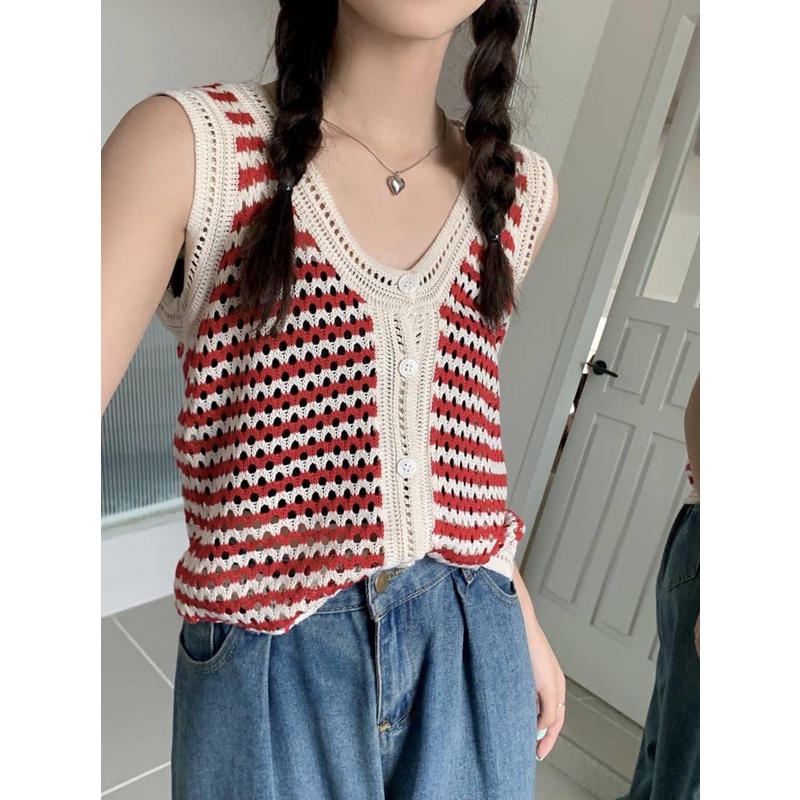 Áo len gile tanktop sát nách dáng rộng cài khuy hoạ tiết sọc ngang nhiều màu vintage
