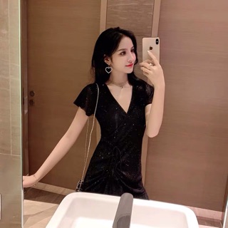 {order bigsize,40-100kg}Váy cổ V bling bling co dãn rút cv lệch
