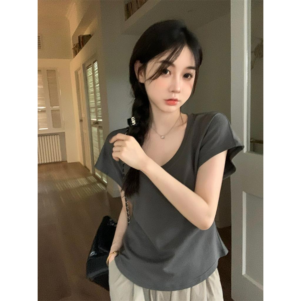 Áo Thun Cổ Chữ U Ngắn Tay Dáng Ôm Thời Trang Đơn Giản 63073