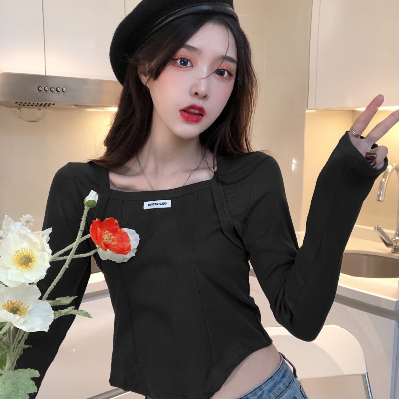 ZHELIHANGFEI Áo Thun Tay Dài Cổ Vuông Form Ôm Kiểu Dáng Ngọt Ngào Dễ Phối Đồ