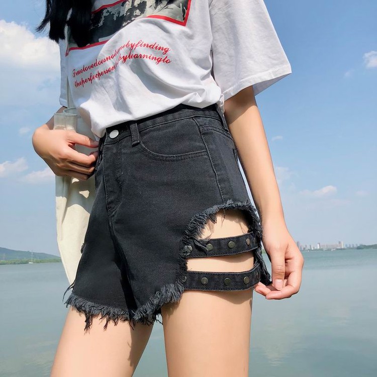 [Hàng có sẵn]Quần shorts jean nữ lưng cao Ulzzang Quảng Châu QNJ5