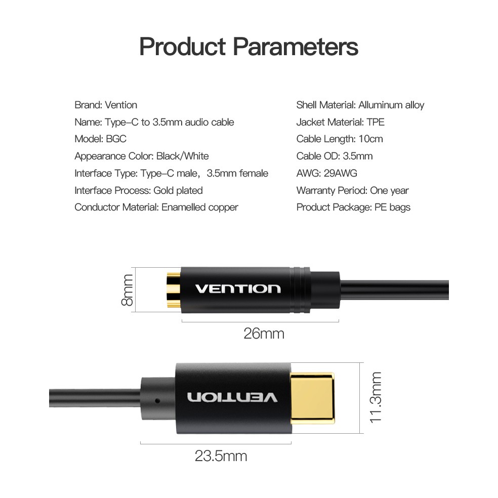 Dây cáp chuyển đổi âm thanh vention USB Type C sang 3.5mm