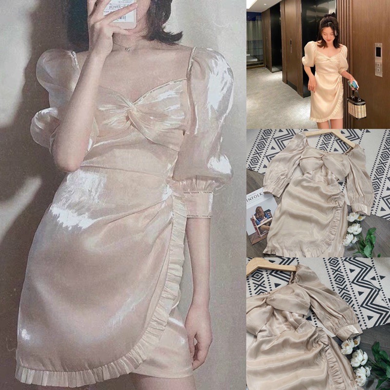 Đầm nude xoắn ngực tà đắp chéo phối bèo có ánh nhũ đi tiệc