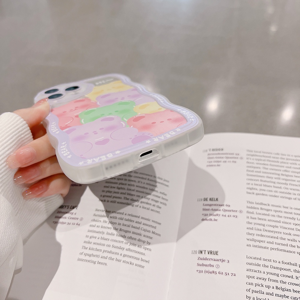 Ốp Điện Thoại Mềm Chống Sốc In Hình Gấu Hoạt Hình Viền Gợn Sóng + Dây Đeo Cho iPhone 13 12 11 Pro XS Max X XR 7 8 plus