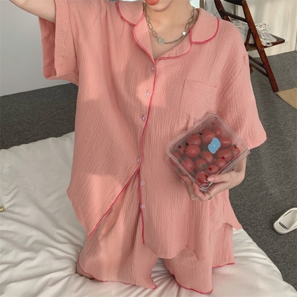 Bộ đồ ngủ 100% Cotton lanh mỏng thoải mái phong cách Hàn Quốc