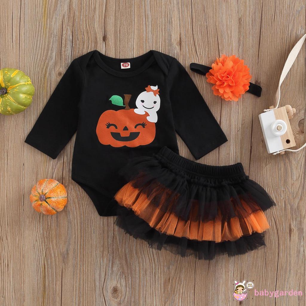Bộ Trang Phục 3 Món Gồm Áo Liền Quần + Quần + Băng Đô Họa Tiết Halloween Cho Bé Gái 0-18 Tháng Tuổi
