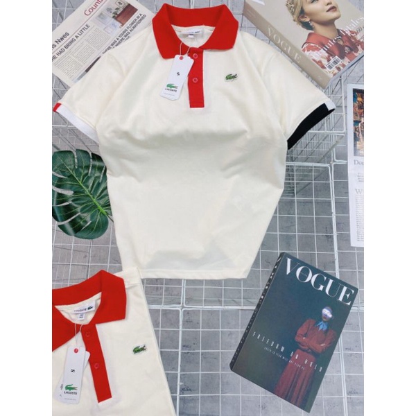 Áo thun Polo Nữ Lacoste ngắn tay Trắng Viền cổ đỏ, chất dày, hàng loại 1, vnxk, didihouse New -