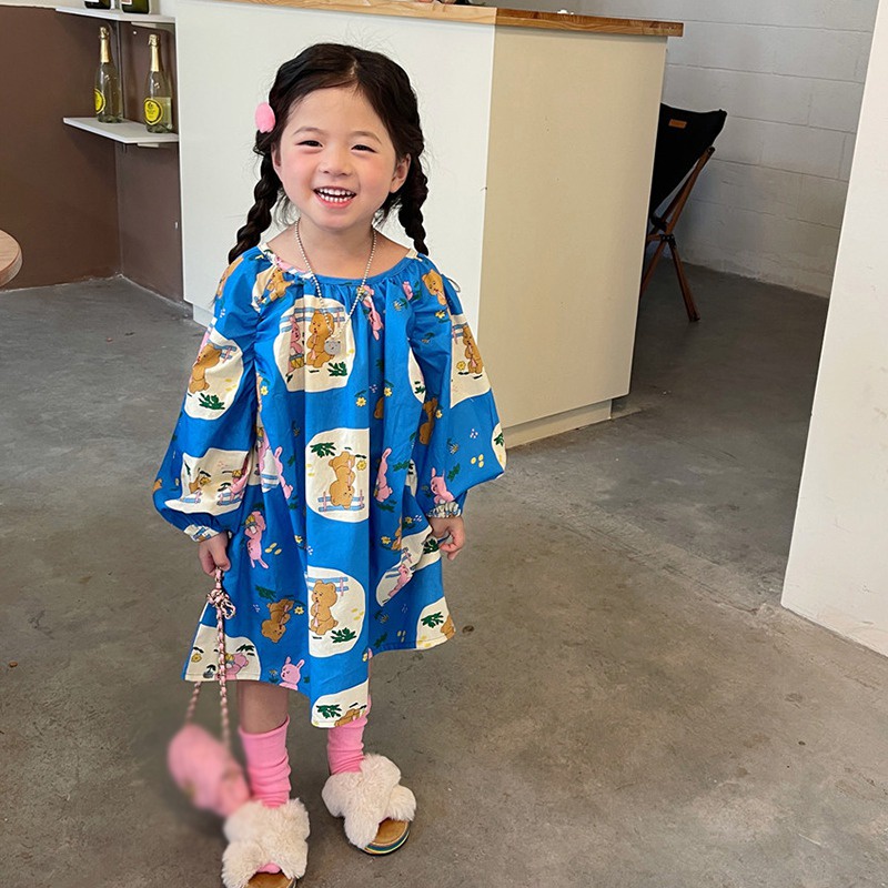 Đầm Công Chúa Tay Phồng Dài Cổ Tròn In Hoạt Hình Gấu Kiểu Hàn Quốc Xinh Xắn Cho Bé Gái