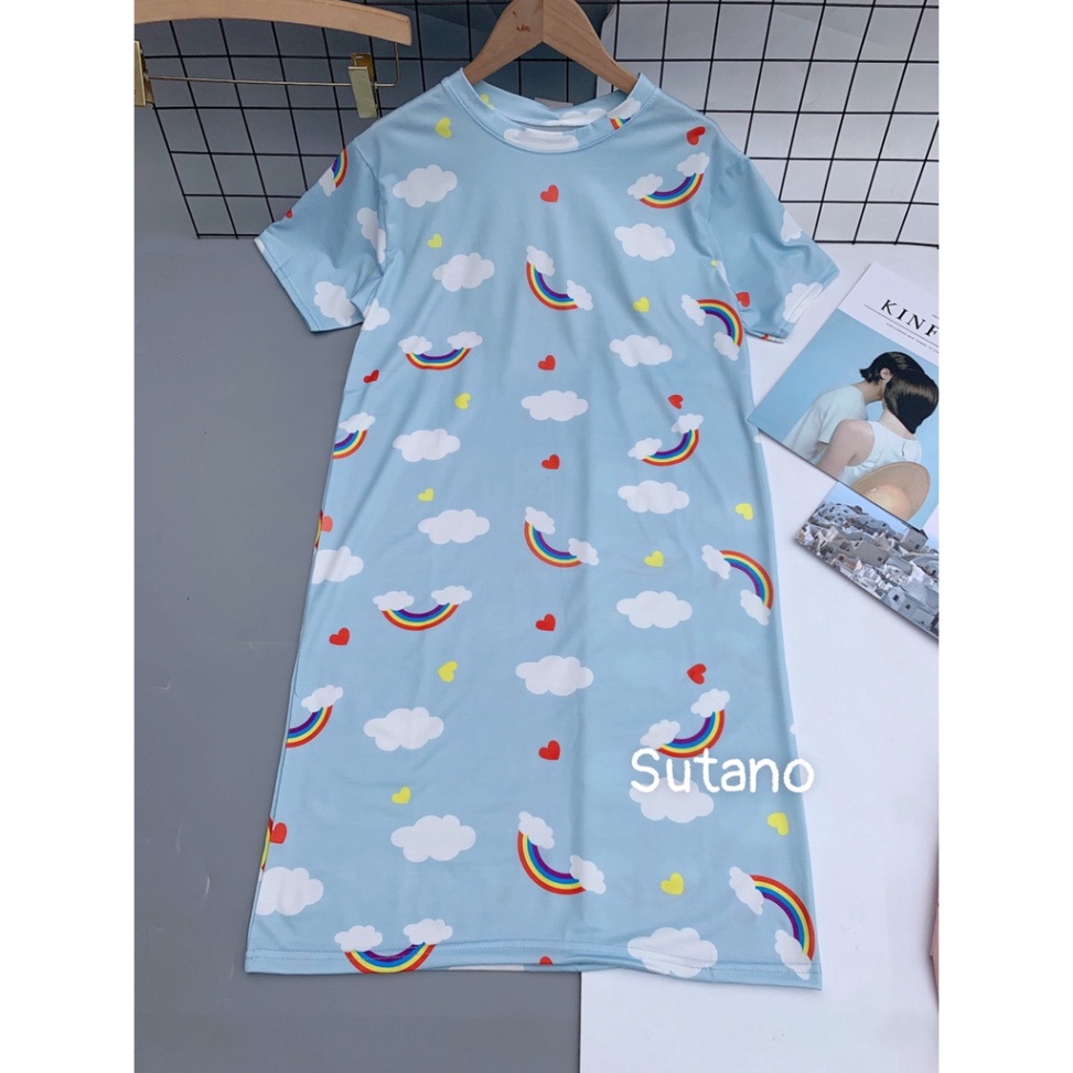 Váy xuông nữ dài cộc tay in hình 3D dễ thương mặc nhà-đi chơi-đi biển chất cotton thoáng mát V587 Nội y xanh