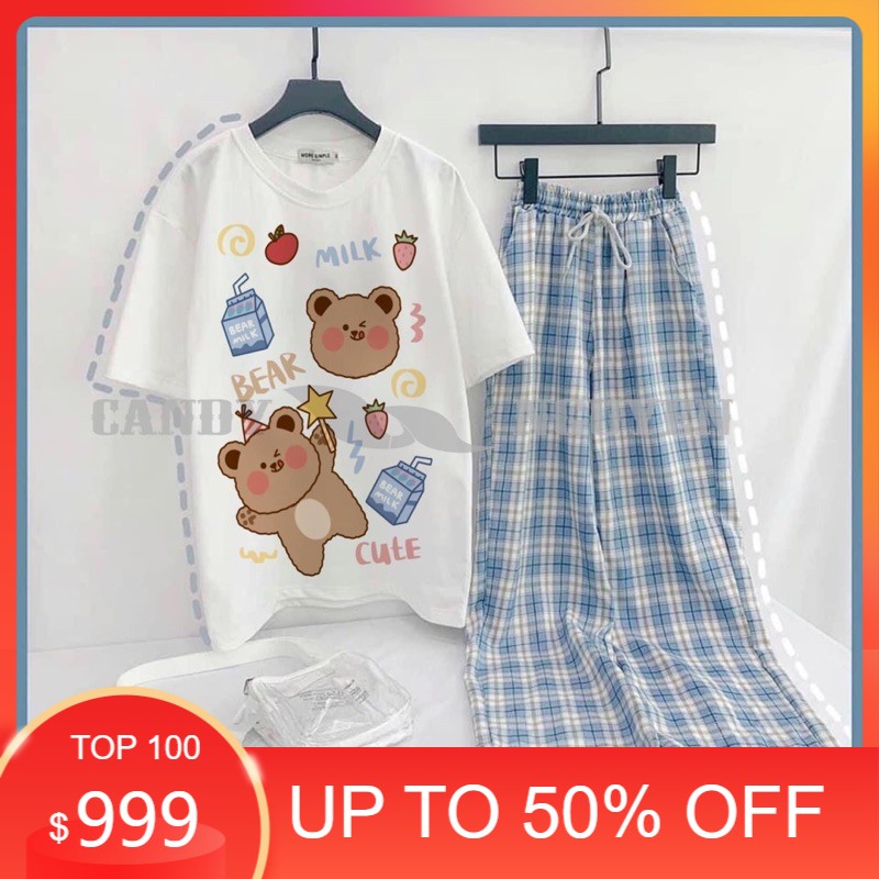 Sét áo gấu nâu và em bé +quần kẻ xanh , sét áo nam nữ, sét bộ mặc ở nhà MODY