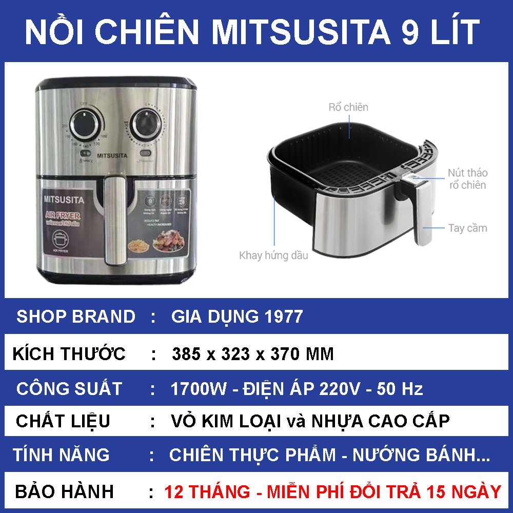 Nồi chiên không dầu chính hãng cao cấp 5/7/9.2 Lít, Nồi chiên nướng đa năng tiện lợi bảo hành 12 tháng