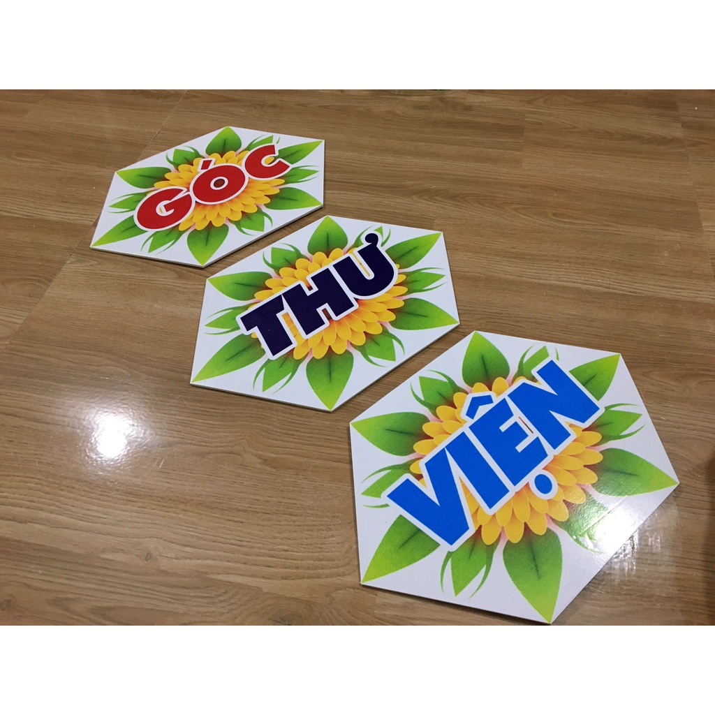 Set chữ GÓC THƯ VIỆN trang trí lớp học kích cỡ 20x30cm ép plastic chống nước không phai màu