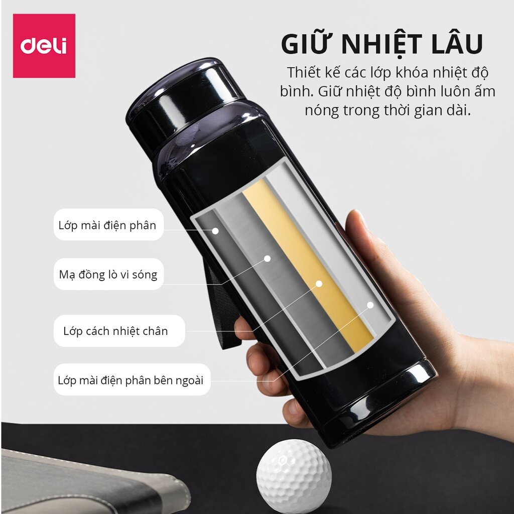 Bình giữ nhiệt Deli 800ml chất liệu an toàn thiết kế 4 lớp giữ nhiệt lên tới 24 TIẾNG có khay lọc trà tiện lợi