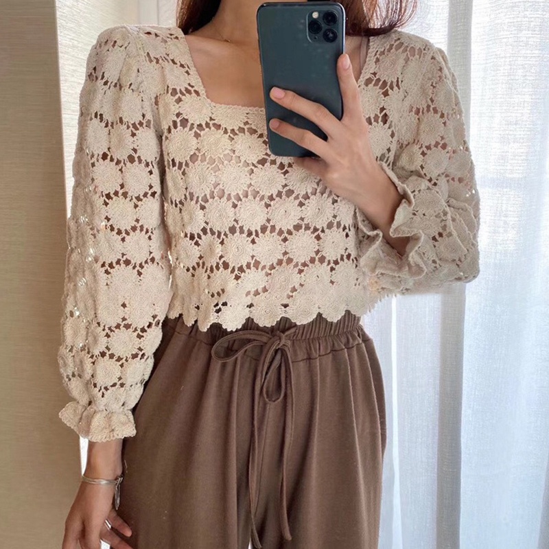 Brroa Áo Kiểu Dệt Kim Tay Phồng 3 / 4 Cổ Vuông Phối Ren Xuyên Thấu Thời Trang Cho Nữ Cr