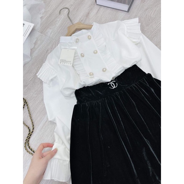 Set váy công sở áo sơ mi bèo, chân váy nhung đen xinh xắn.Set đồ nữ đẹp, ấm áp.