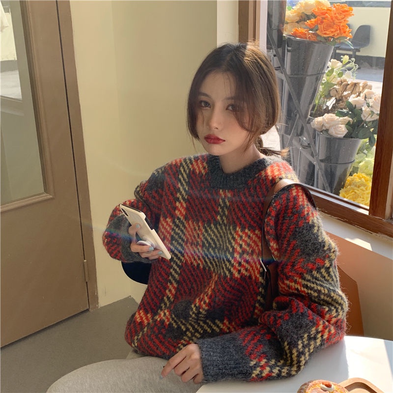 Áo Sweater Tay Dài Phong Cách Hàn Quốc 185230 Áo Len Tay Dài Cổ Tròn Form Rộng Phong Cách Retro