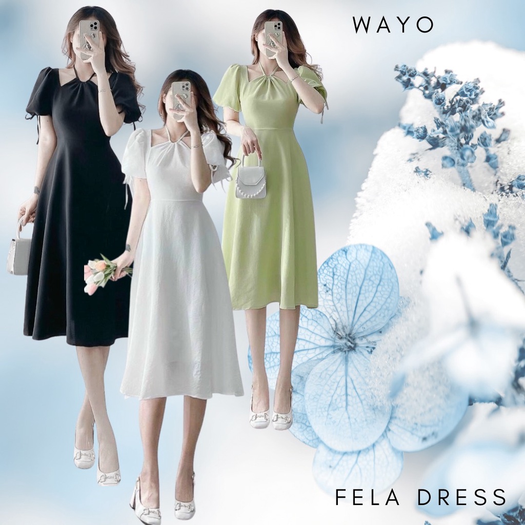 Đầm WAYO cổ yếm dáng dài tay nơ phồng 3 màu dạo phố dự tiệc xinh đẹp