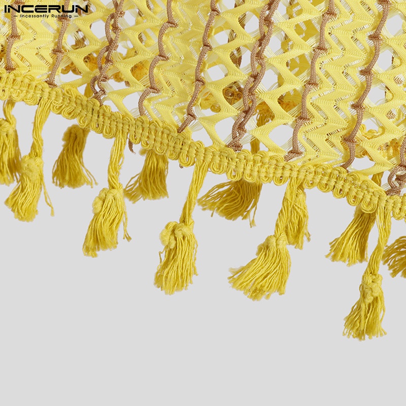 INCERUN Áo Ba Lỗ Trong Suốt Kẻ Sọc Dáng Rộng Phối Tua Rua Phong Cách Retro Dành Cho Nam Giới