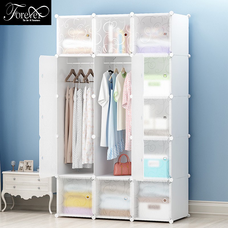 Tủ quần áo nhựa ghép 15 ô, có 2 thanh treo đồ 111*183*47cm màu trắng cửa trong vân - Bảo hành 1 năm