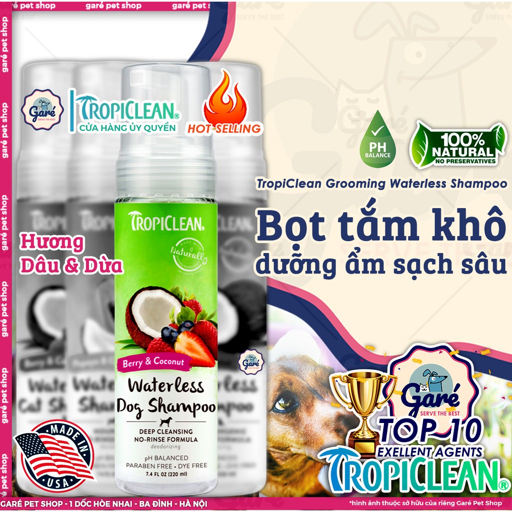 220ml - Bọt tắm khô Gentle Coconut sạch sâu TropiClean Waterless Shampoo thiên nhiên dưỡng ẩm dành cho Chó và Mèo