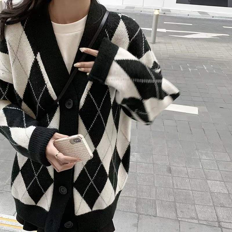 Áo cardigan len Quảng châu  họa tiết ziczac caro màu đen trắng phong cách hàn quốc vintage ulzzang AC5 | BigBuy360 - bigbuy360.vn