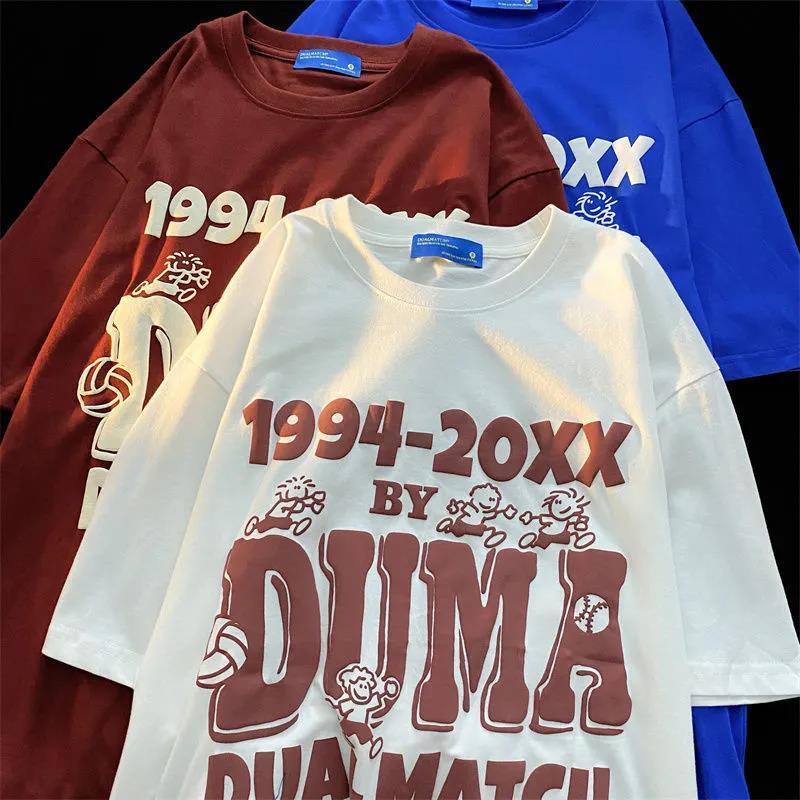 Áo Thun 100% Cotton Nguyên Chất Tay Ngắn Màu Đỏ Rượu Vang Phong Cách Đường Phố Mới Dành Cho Cặp Đôi