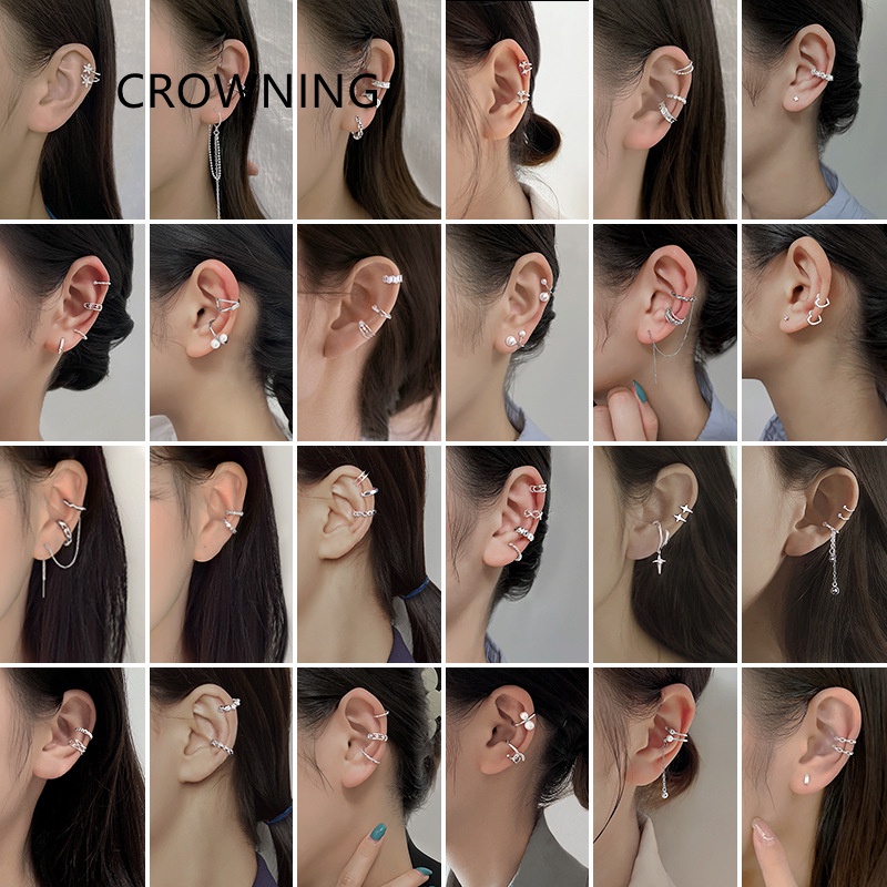 Khuyên Tai Dạng Kẹp Hai Lớp Đính Đá Zircon Phong Cách Âu Mỹ Thời Trang