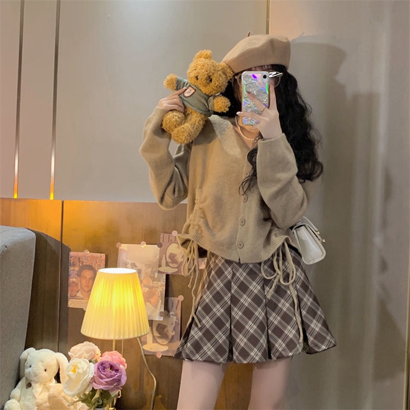 Hàng Mới Về Mới Set Chân Váy Xếp Ly Và Áo Khoác Cardigan Phong Cách Hàn Quốc Cho Nữ