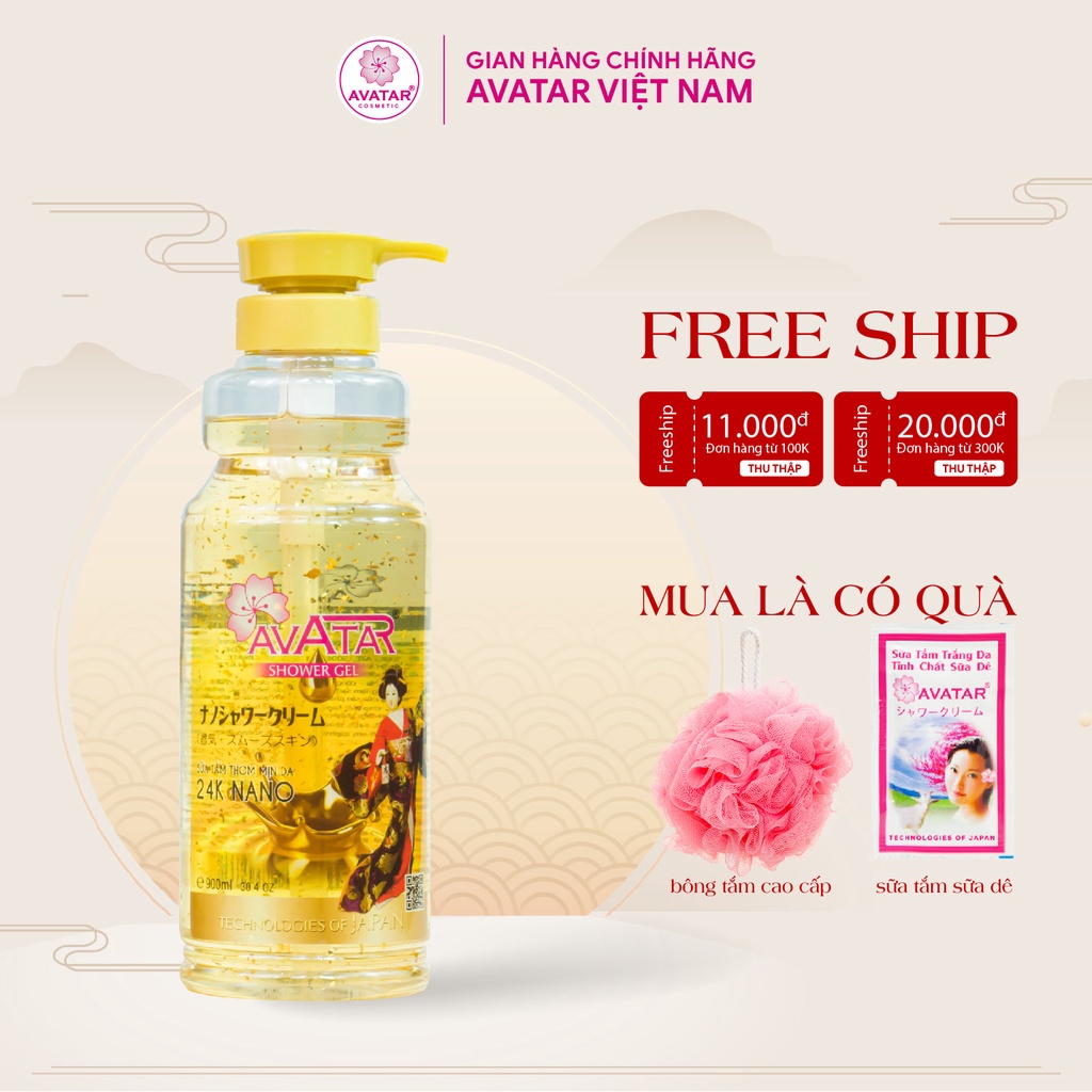 Sữa Tắm Vàng 24k Nano AVATAR Hương Nước Hoa Nhật Bản Cao Cấp chăm sóc làn da trắng thơm toàn diện 900ml