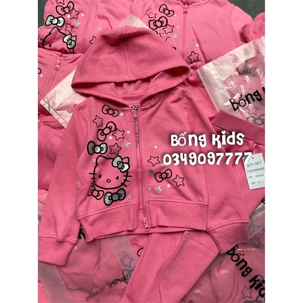 Bộ Nỉ Kéo Khoá Hoodie Bé Gái Mèo Kitty Hồng
