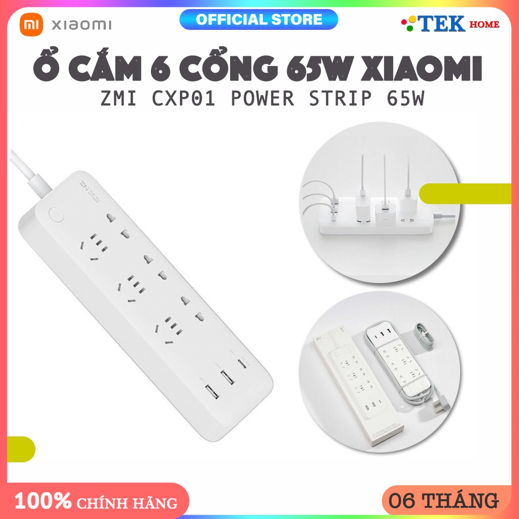 65W-Kèm Cáp TypeC• Ổ cắm điện Xiaomi ZMI CXP01 65W 6 cổng AC, 2 cổng USB, 1 cổng Type C