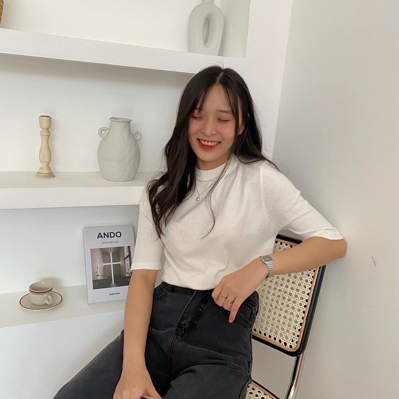 Áo len cọc tay cổ tròn len mịn