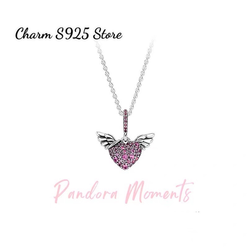 CHARM PAN ALE TREO ĐÔI CÁNH TIM ĐÍNH ĐÁ HỒNG BẠC S925 CAO CẤP