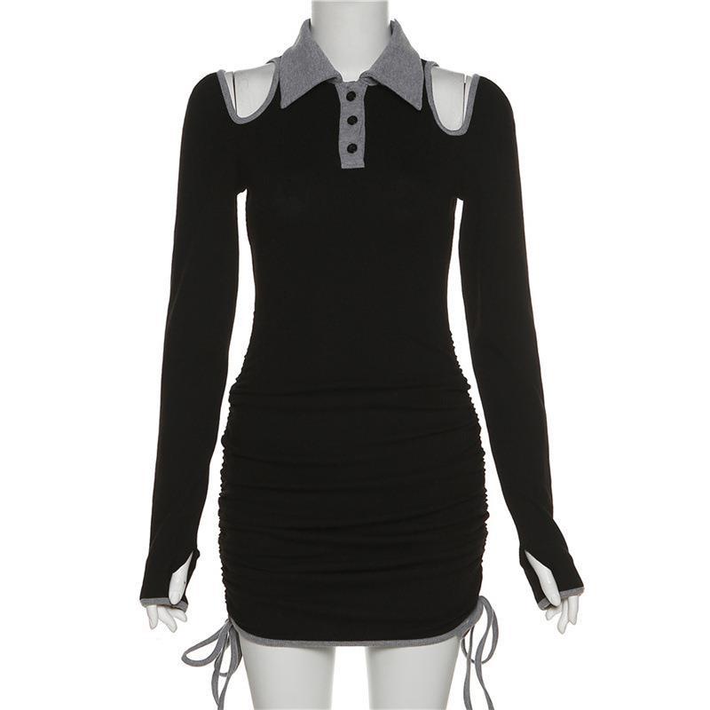 Đầm Tay Dài Cổ Polo Phối Dây Rút Xếp Ly Thời Trang Cho Nữ