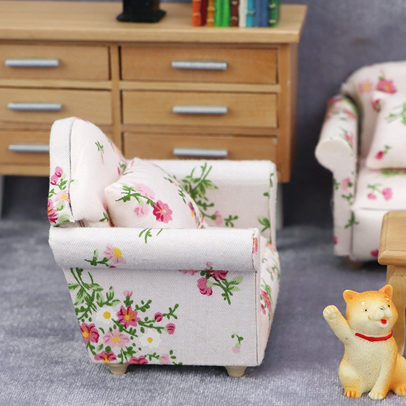 1/12 Scale Dollhouse Miniature Sofa, Mini Single Sofa Armchair with Pillow Decoration for Furniture Doll House Bedroom