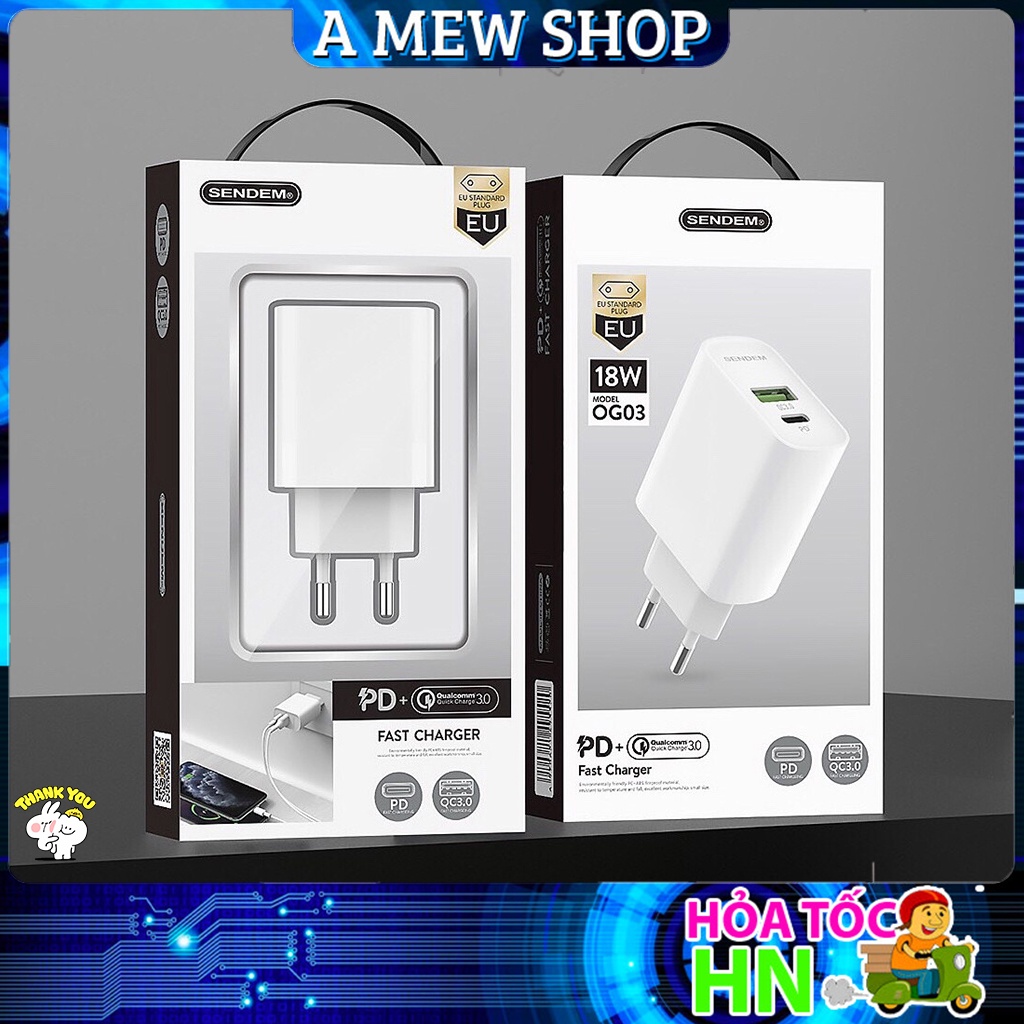 Củ/Cốc Sạc Nhanh 18W OG03, 2 Cổng USC và Type C, QC 3.0. Chống Cháy Nổ, Thông Minh - A MEW