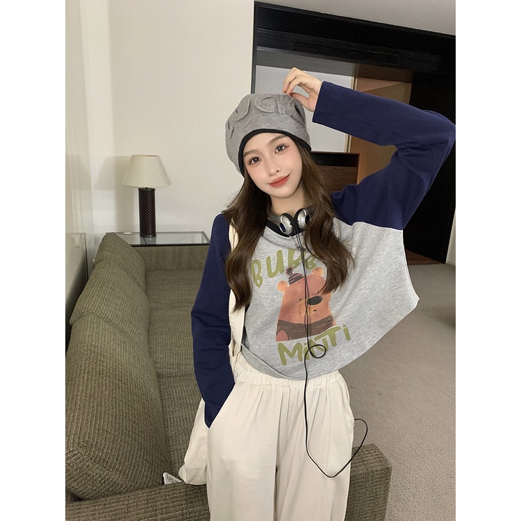 Áo Croptop Len Tay Dài Cổ Tròn In Hình Gấu Màu Sắc retro Dành Cho Nữ