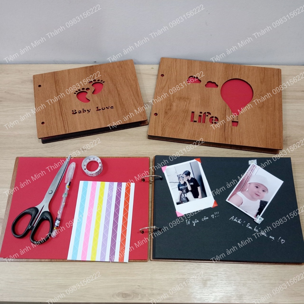 Album ảnh gỗ dán DIY scrapbook bìa gỗ tặng kèm miếng dán tại Tiệm ảnh Minh Thành
