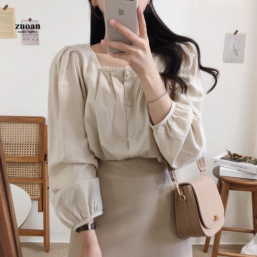 SUXI Áo Sơ Mi Nữ Thiết Kế Tay Dài Màu Trơn Kiểu Hàn Quốc