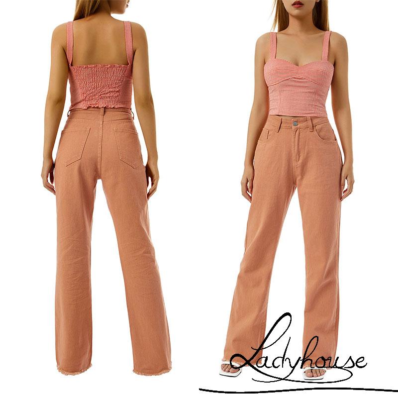 LD-Women Straight-leg Jeans, Adults Casual High Waisted Solid Color Denim Pants with Pockets